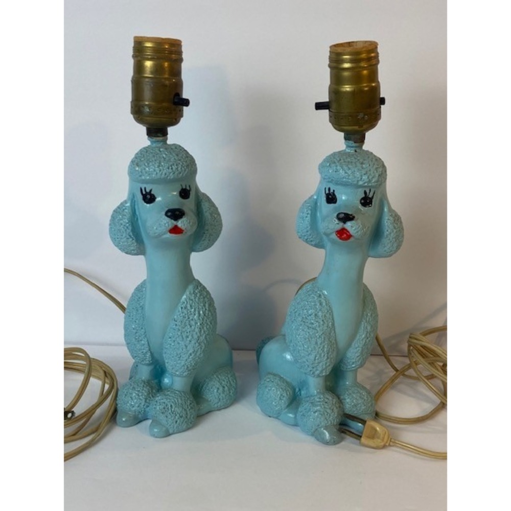 Vintage MCM Blue Poodle Table Lamps Pair Ceramic Kitsch Flair 1950s WORKING